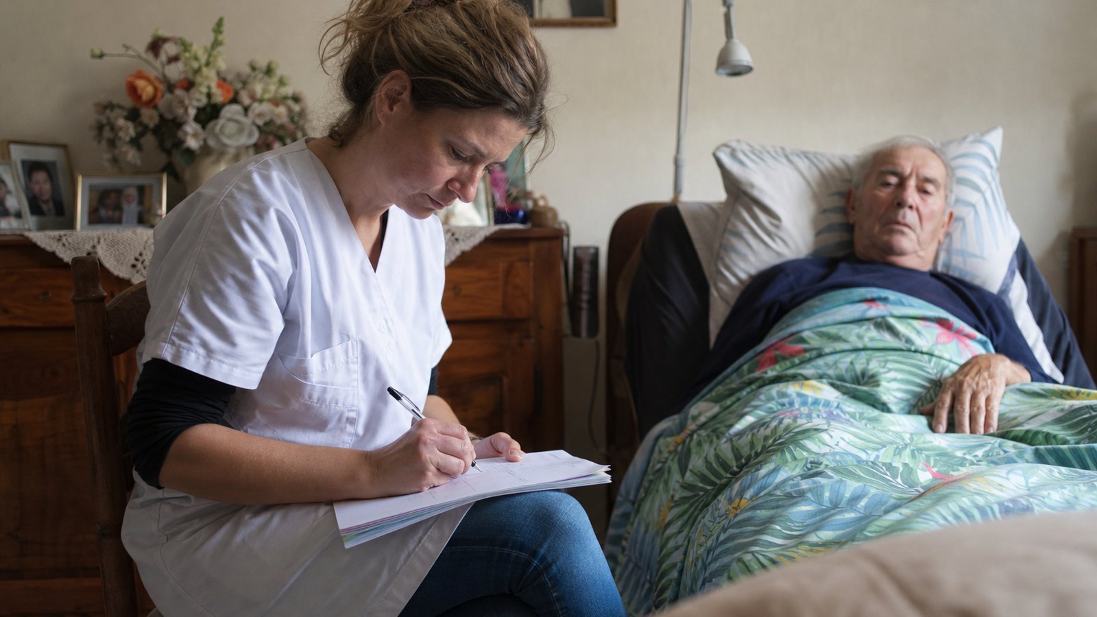 Infirmier qui note les actes réalisés au domicile d'un patient