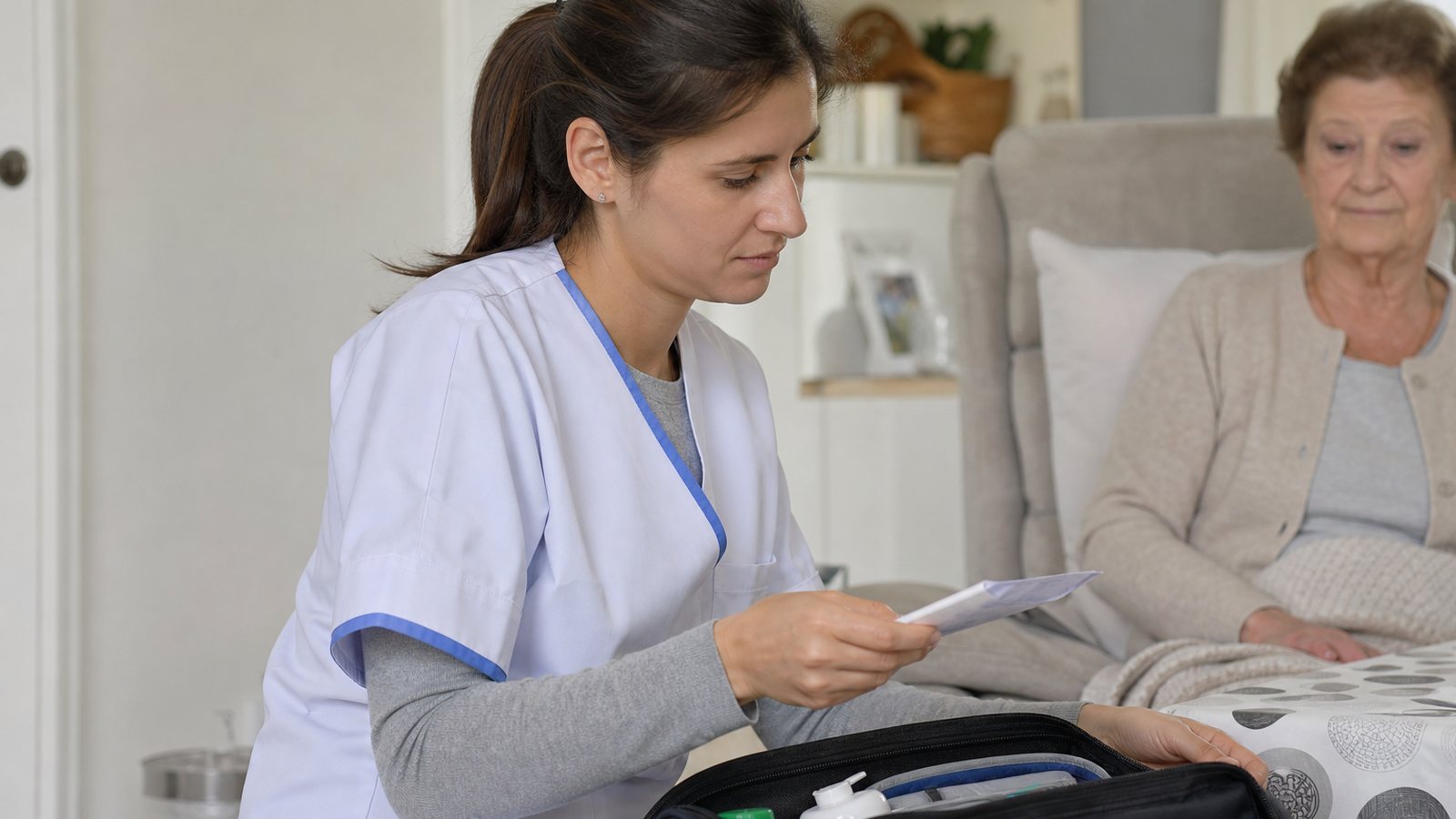 Infirmière libérale notant la date de fin d'une ordonnance sur la fiche du patient